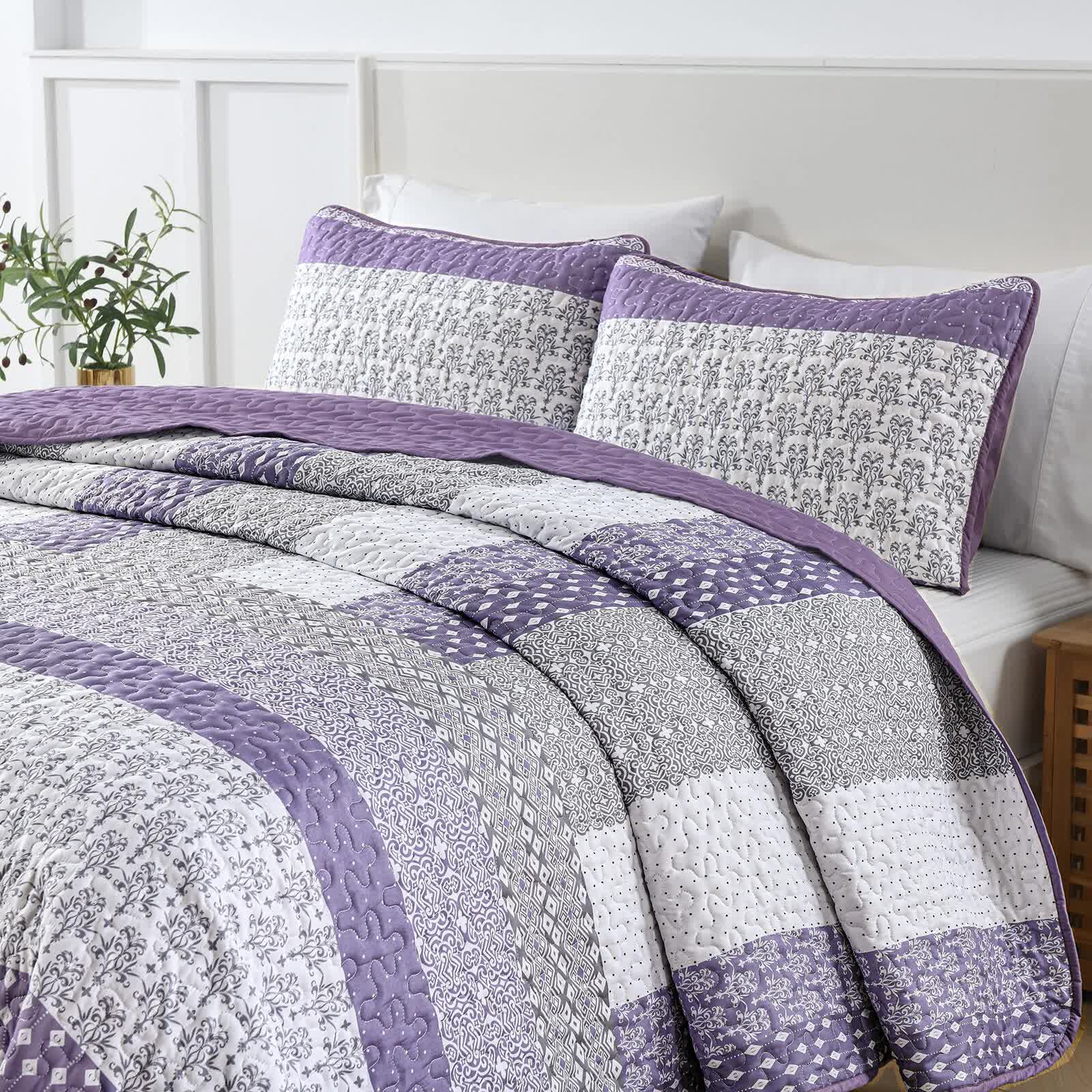 Bohemian Purple and White Quilted Coverlet Set