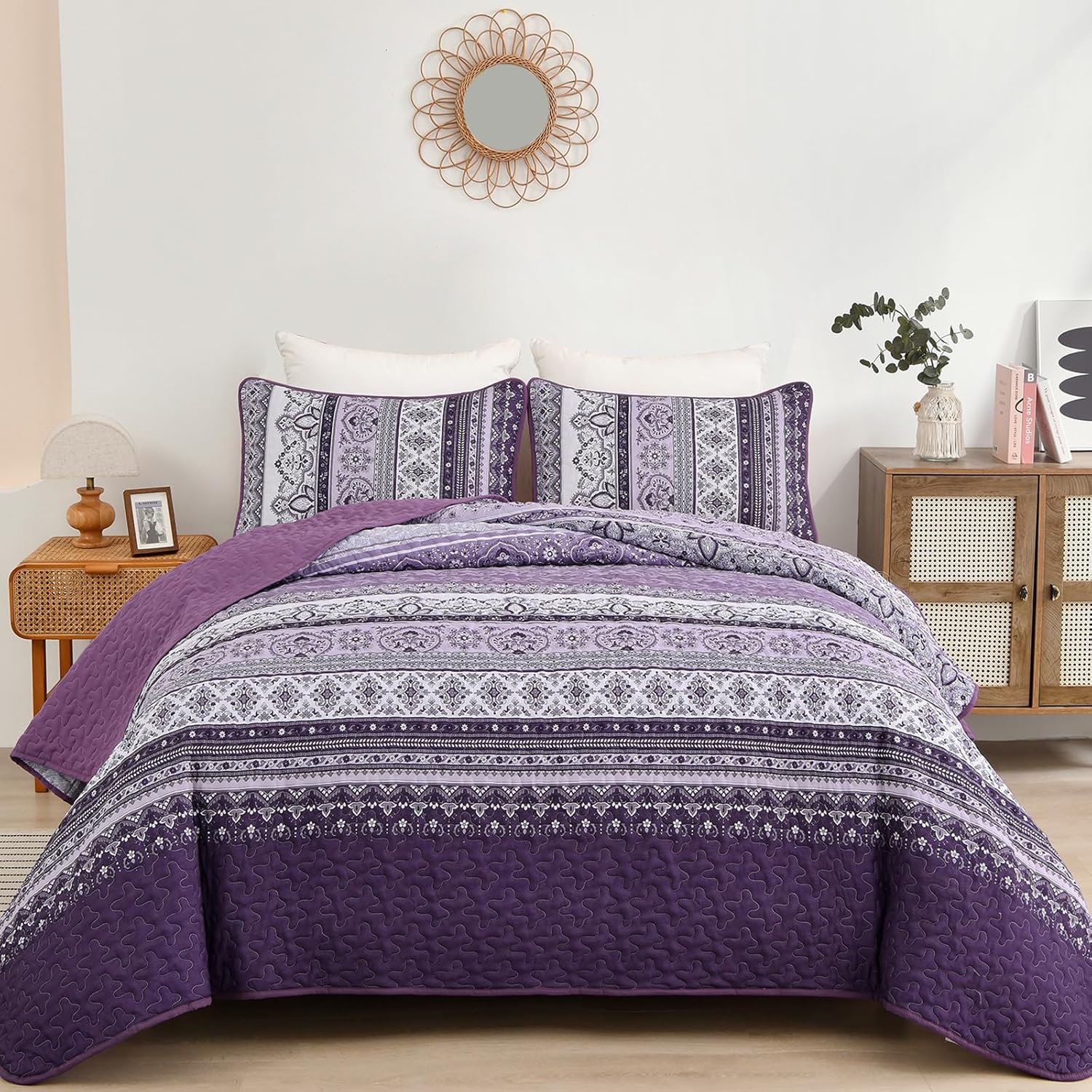Peony Floral Quilted Coverlet Set – Purple, Queen