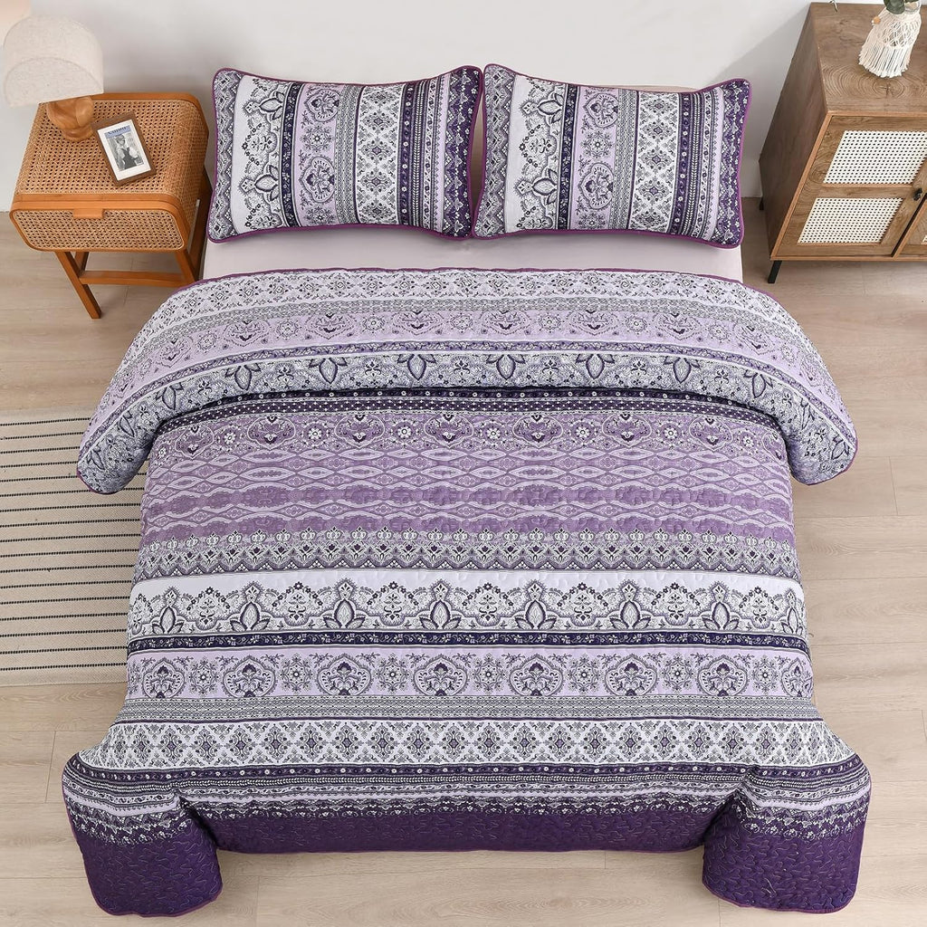 Peony Floral Quilted Coverlet Set – Purple, Queen