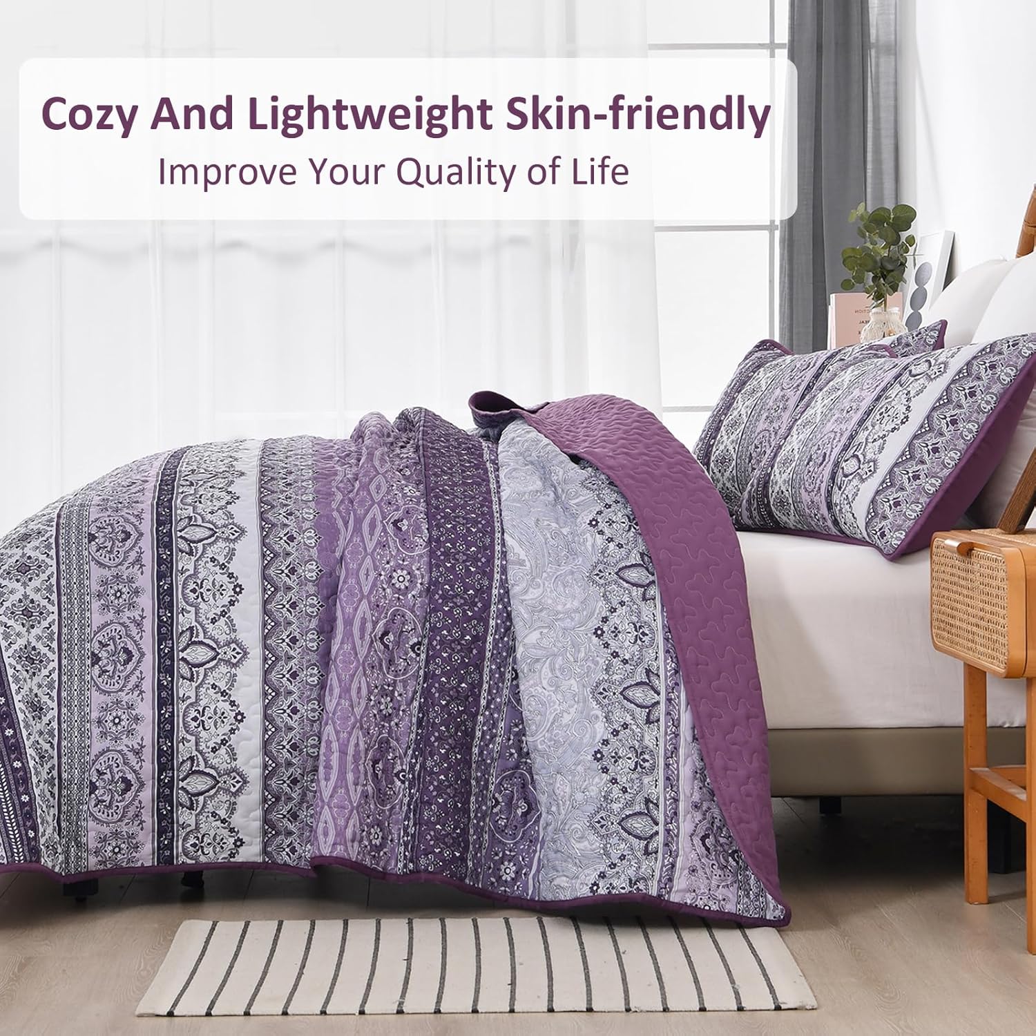 Peony Floral Quilted Coverlet Set – Purple, Queen