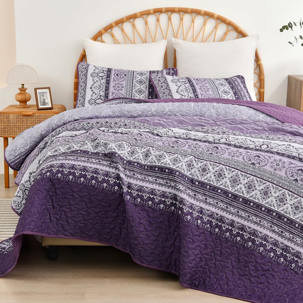 Peony Floral Quilted Coverlet Set – Purple, Queen