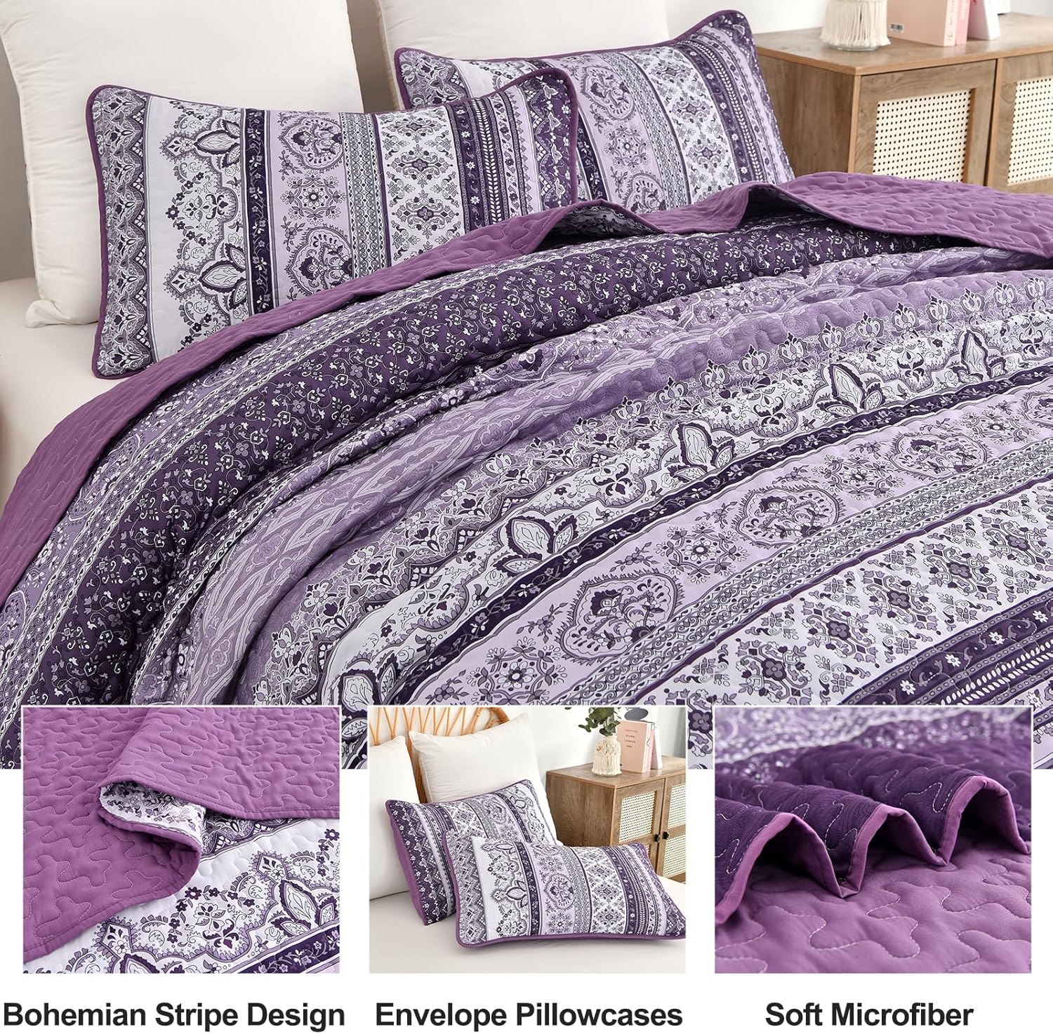 Peony Floral Quilted Coverlet Set – Purple, Queen