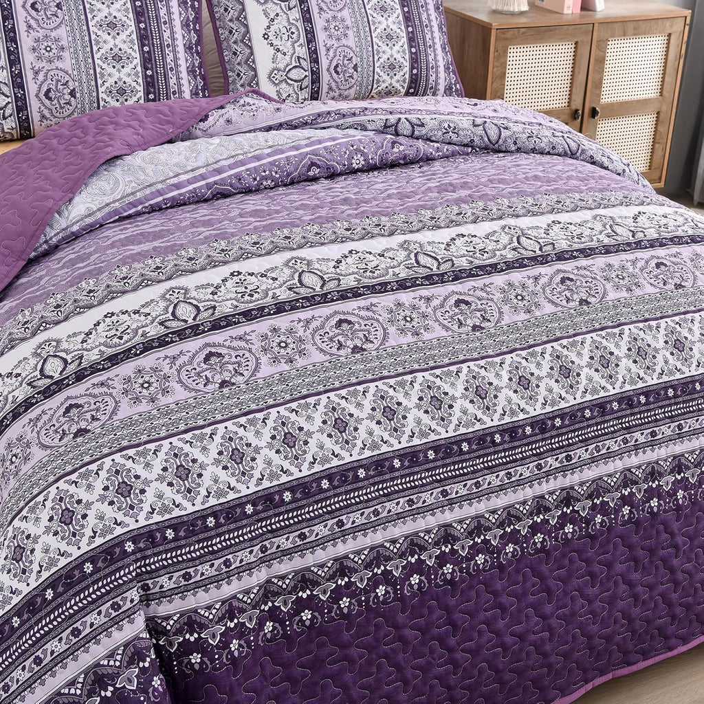 Peony Floral Quilted Coverlet Set – Purple, Queen