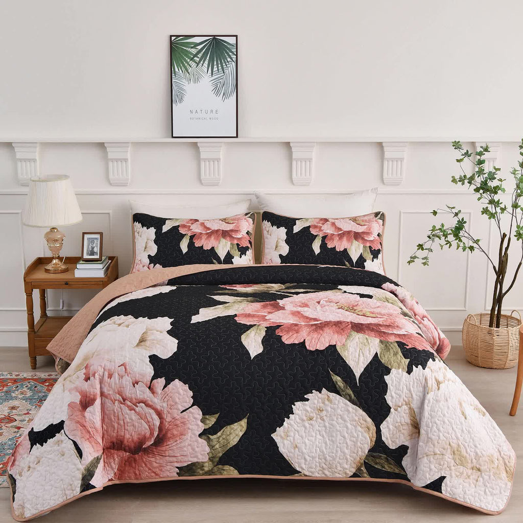 Blossom Trio Quilted Coverlet Set – Black, Red and Pink
