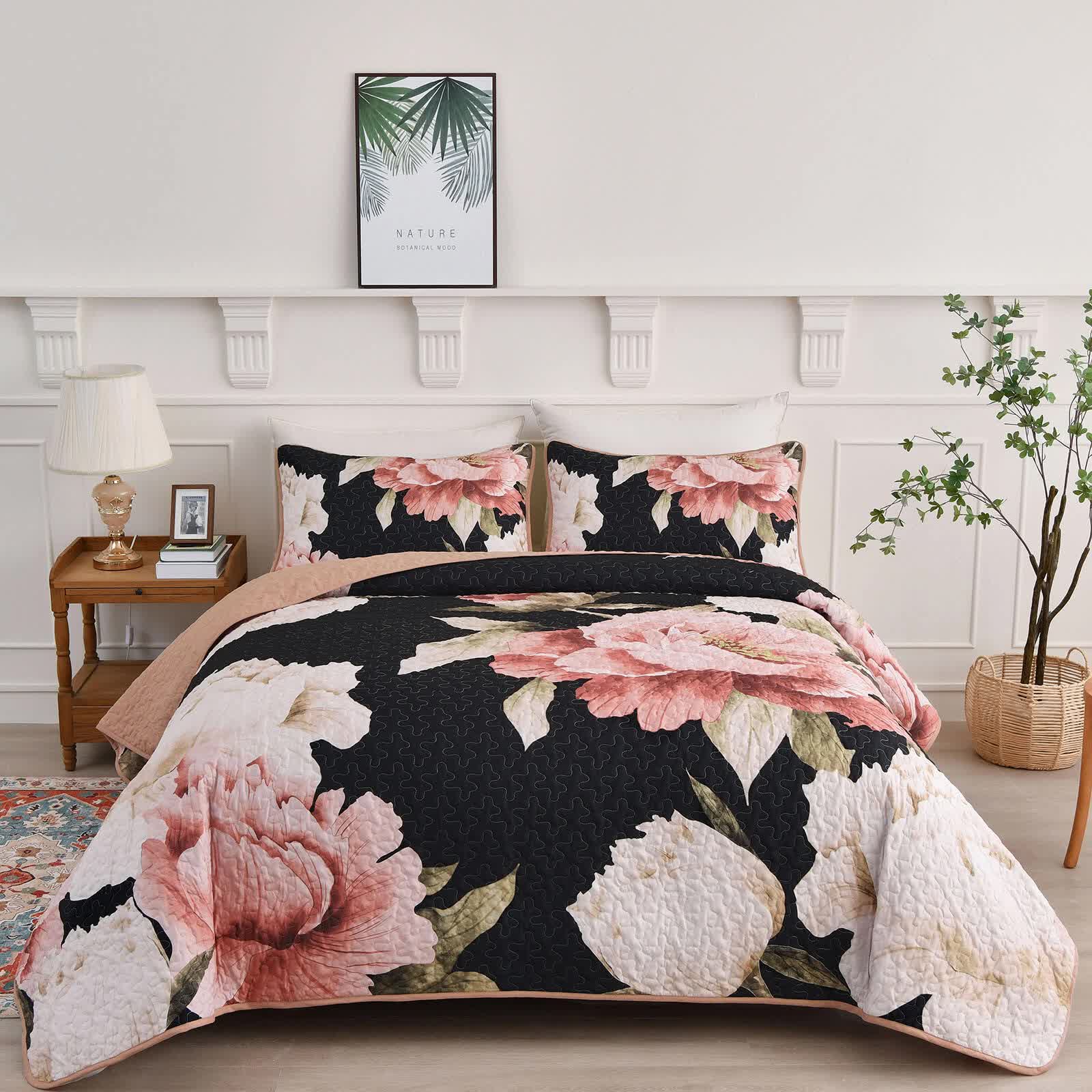 Blossom Trio Quilted Coverlet Set – Black, Red and Pink