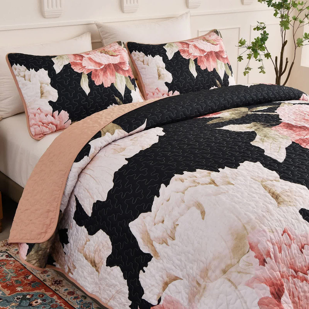 Blossom Trio Quilted Coverlet Set – Black, Red and Pink