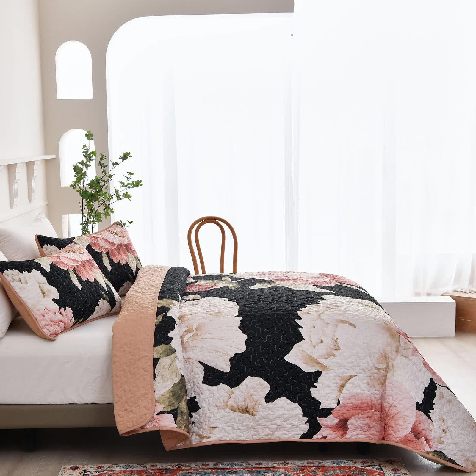 Blossom Trio Quilted Coverlet Set – Black, Red and Pink