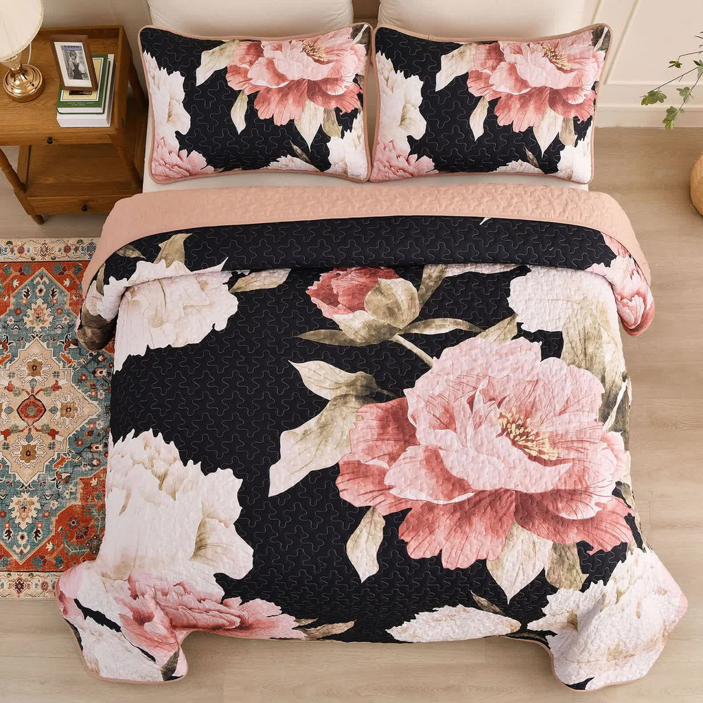 Blossom Trio Quilted Coverlet Set – Black, Red and Pink