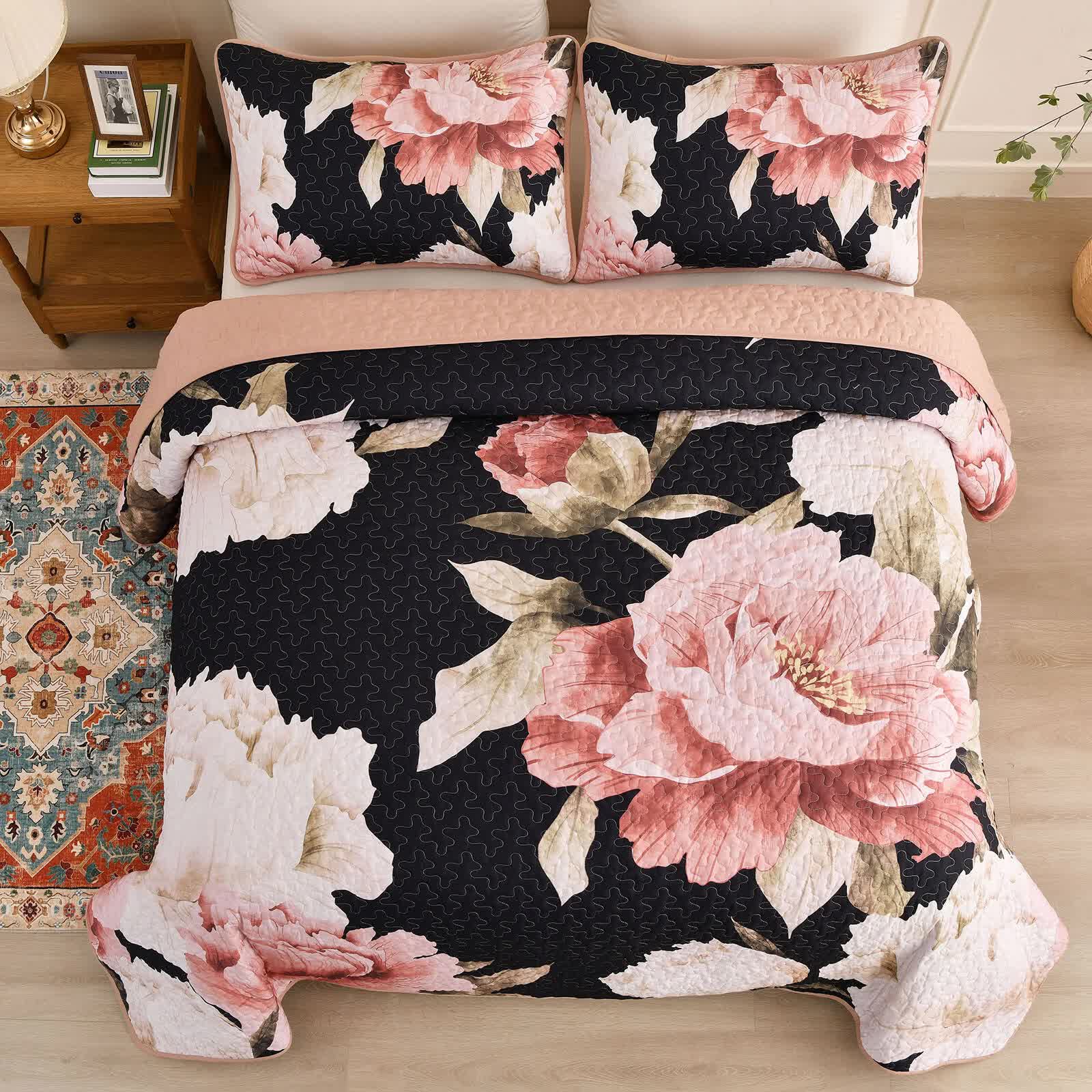 Blossom Trio Quilted Coverlet Set – Black, Red and Pink