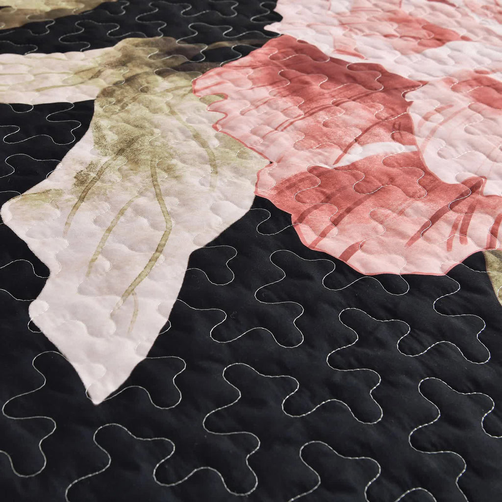 Blossom Trio Quilted Coverlet Set – Black, Red and Pink