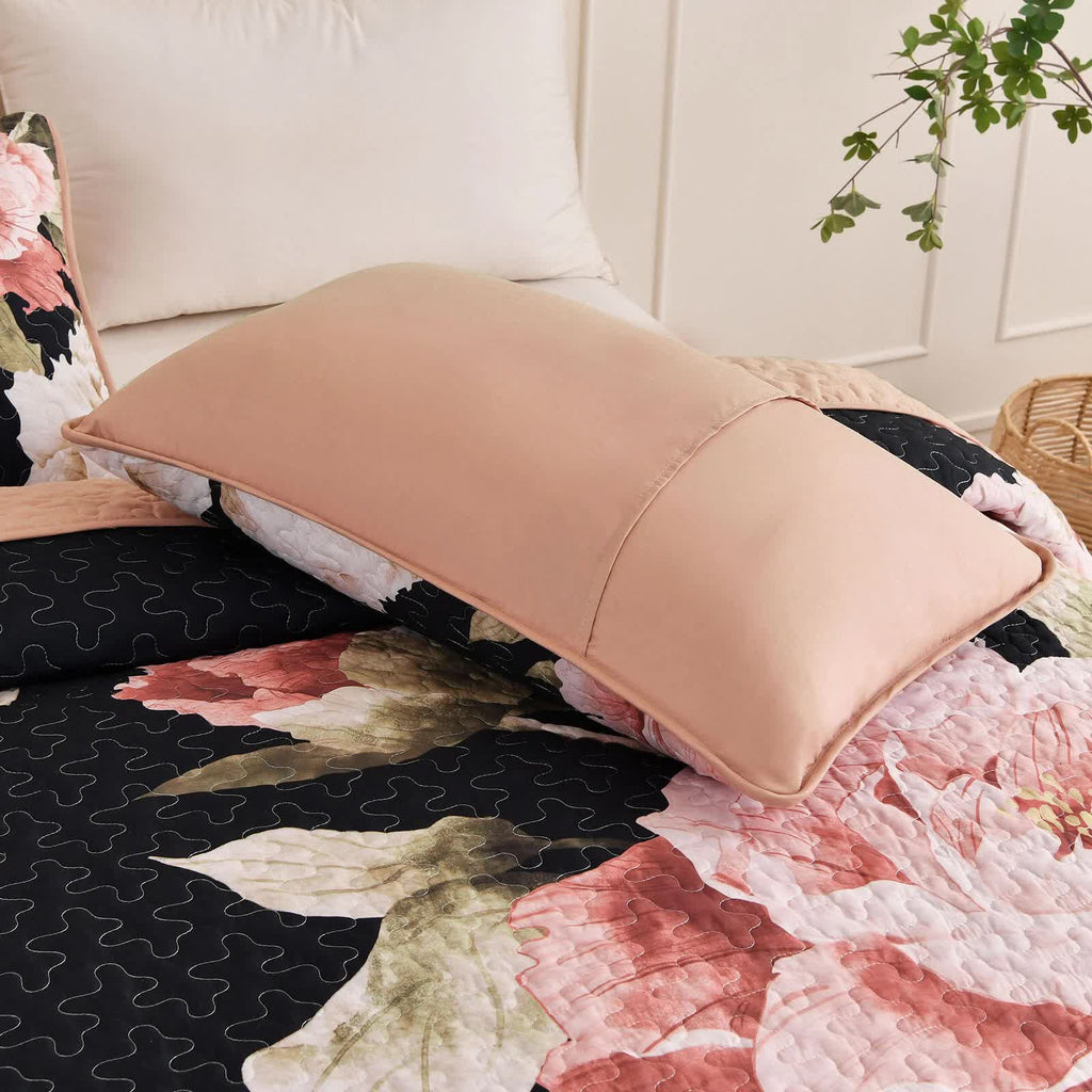 Blossom Trio Quilted Coverlet Set – Black, Red and Pink