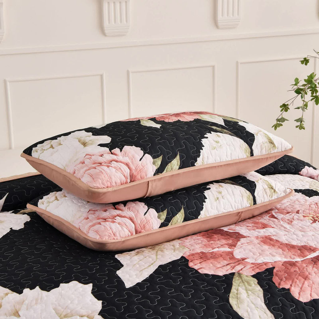 Blossom Trio Quilted Coverlet Set – Black, Red and Pink
