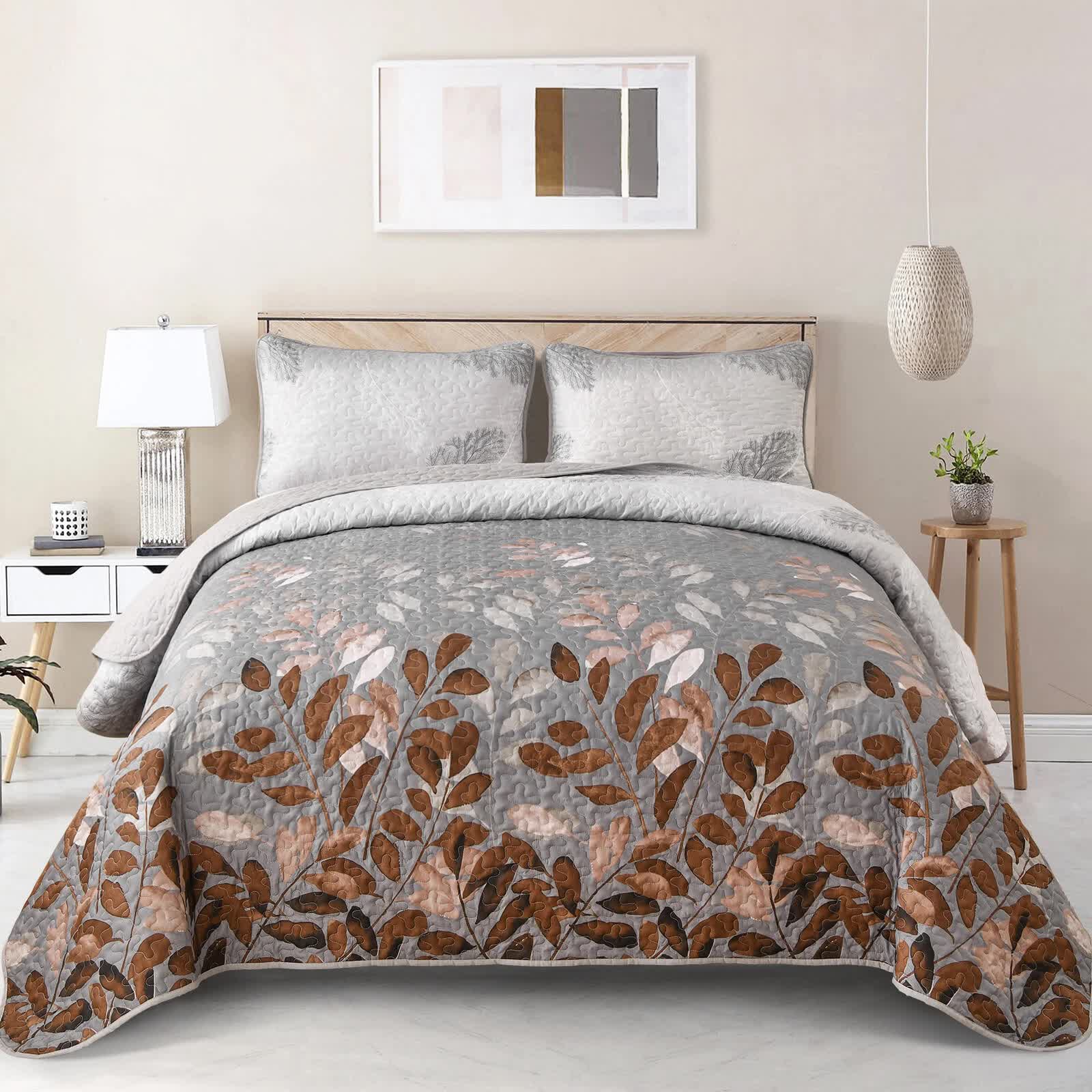 Brown Verdant Floral Quilted Coverlet Set
