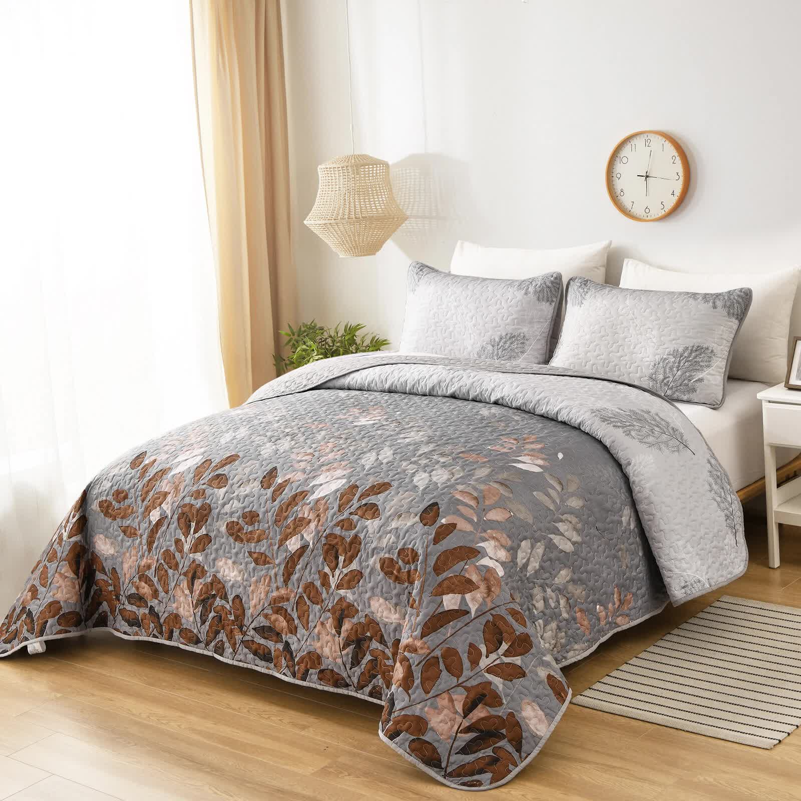Brown Verdant Floral Quilted Coverlet Set