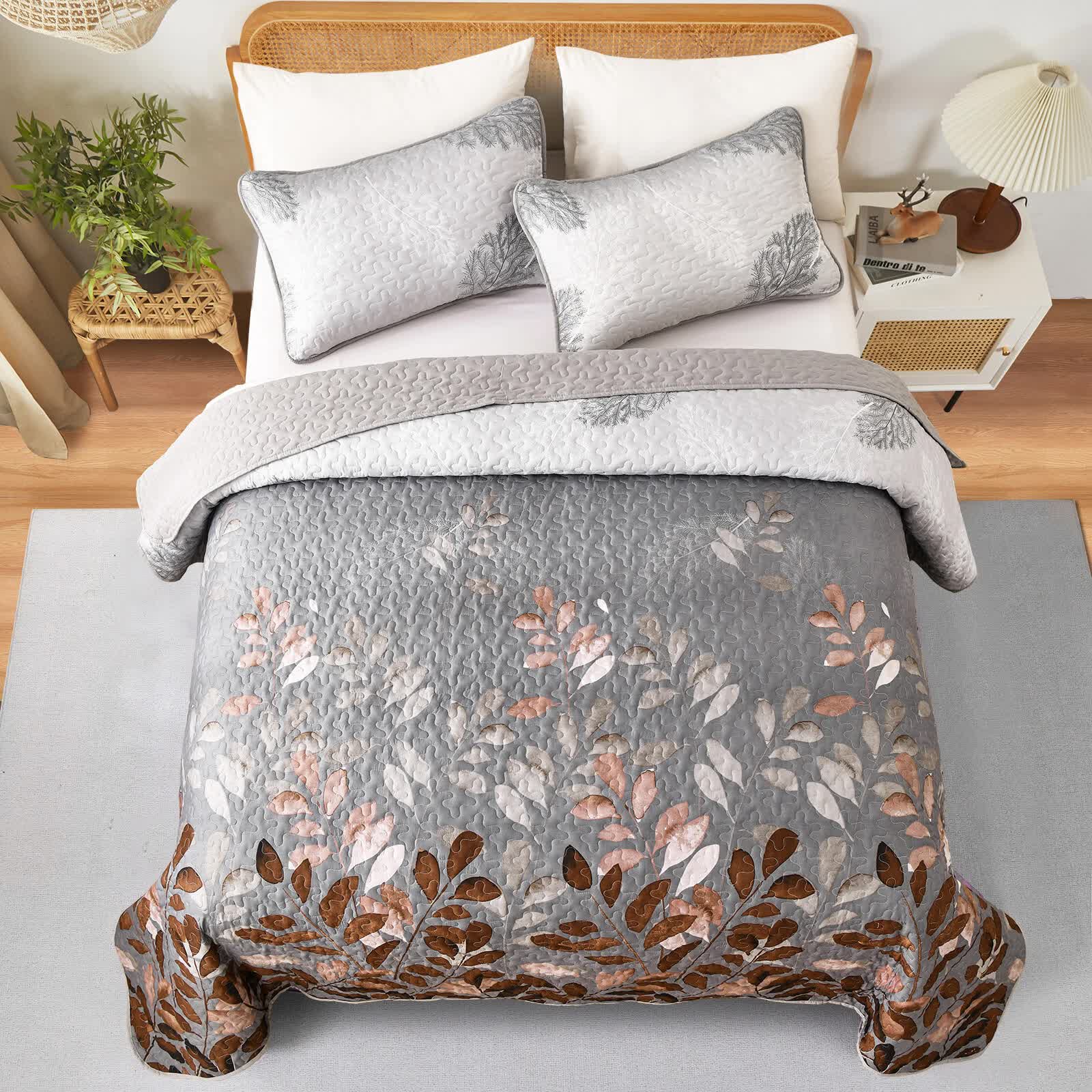Brown Verdant Floral Quilted Coverlet Set