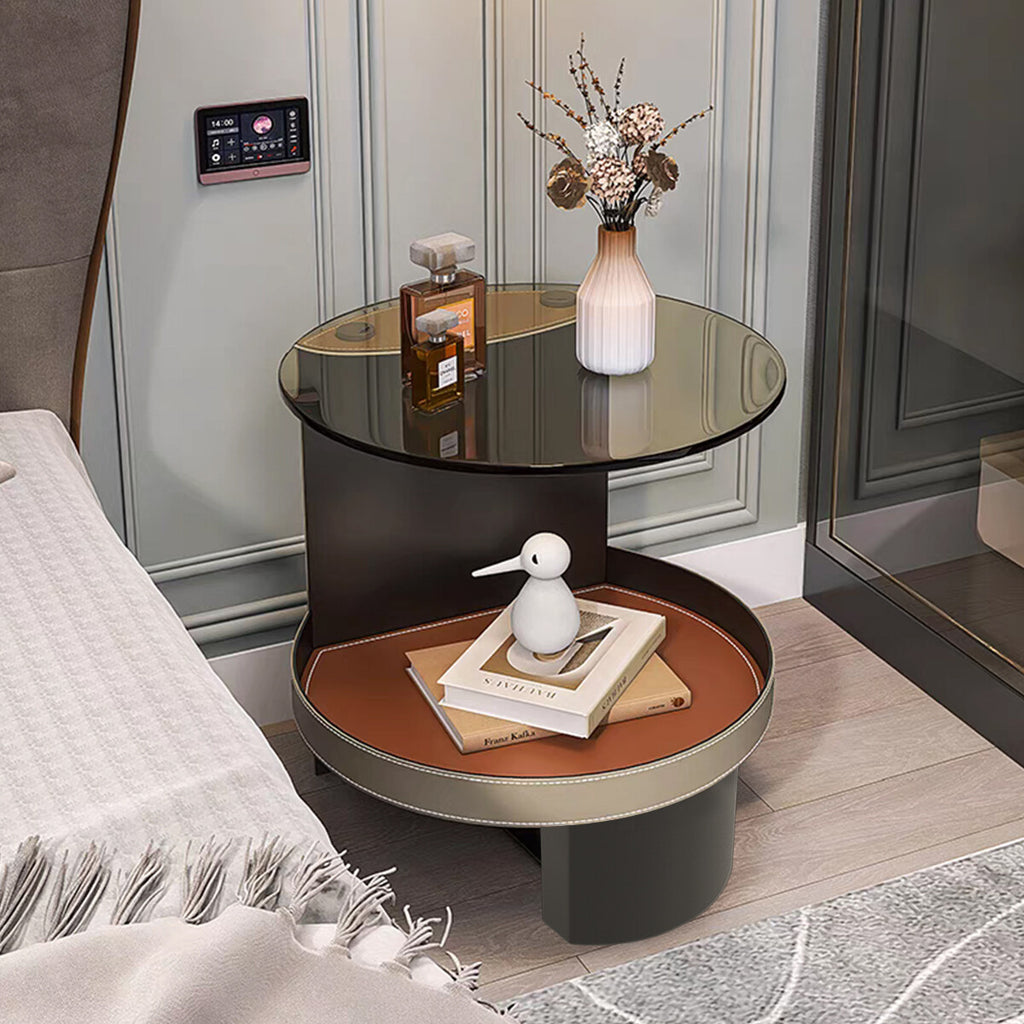 2 Tier Luxury Side End Table Glass Top Saddle Leather Storage Shelf Accent Table