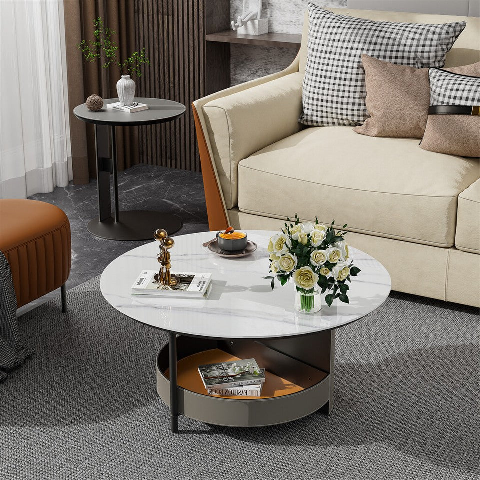 Xl Chic Sintered Stone Top Coffee Center Table Saddle Leather Shelf Accent Table