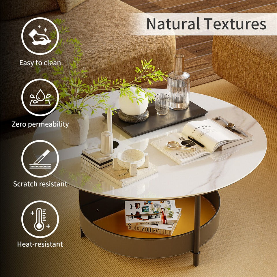 Xl Chic Sintered Stone Top Coffee Center Table Saddle Leather Shelf Accent Table