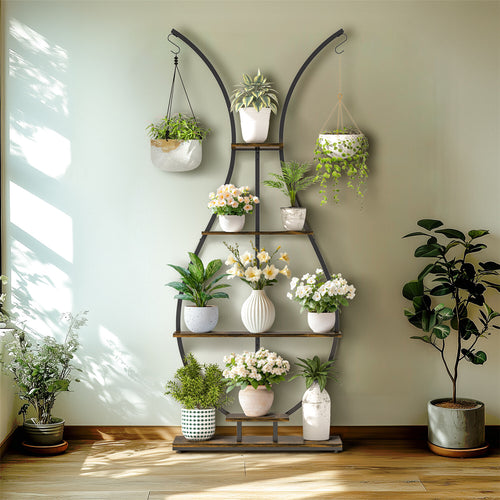 180Cm Tall Plant Stand Indoor Vase-Shape Metal Plant Shelf With Hanging Hooks