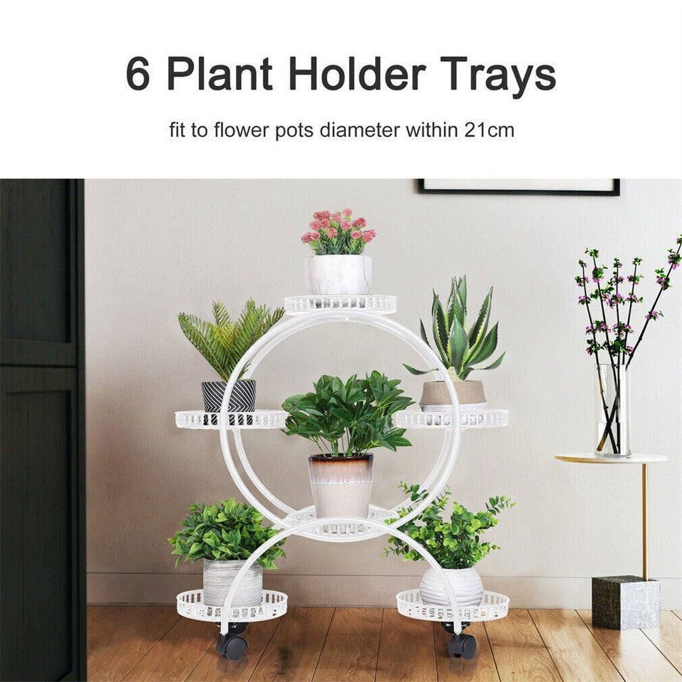 Fin White Metal Plant Stand 6-Potted Flower Pot Holder W Wheels 4 Tier Display Shelf