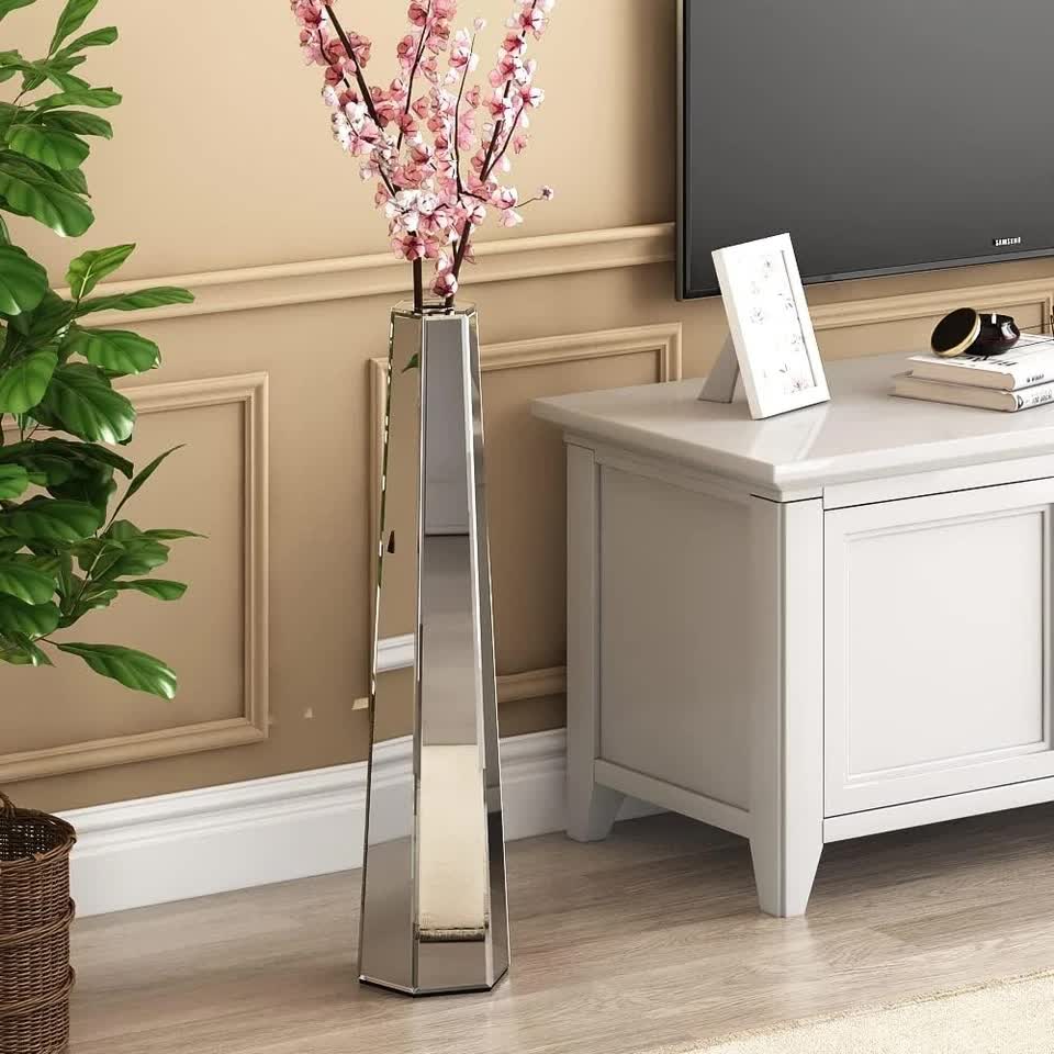 Large Silver Floor Vase 30 Inch Tall Glass Vase for Living Room Decoration & Branch Display