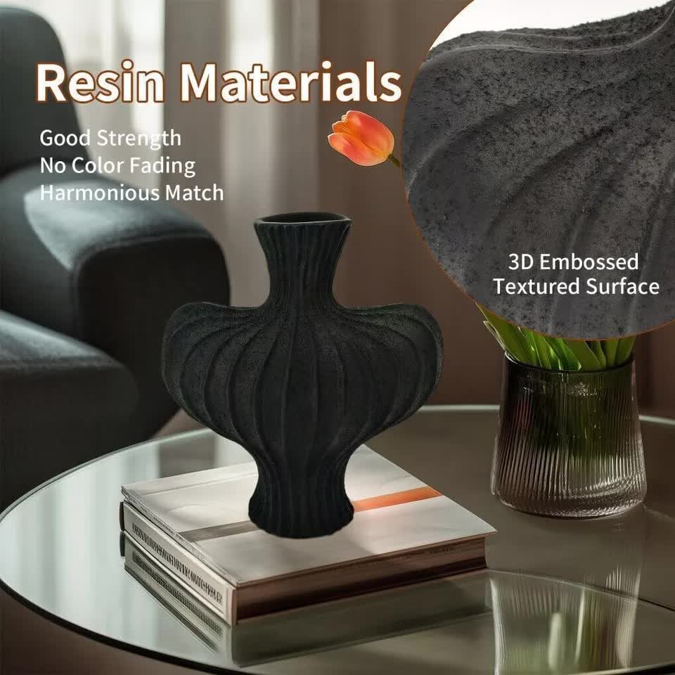 P&P Black Nordic Resin Flower Vase with Textured Design, Boho Wabi-Sabi Artistic Decor