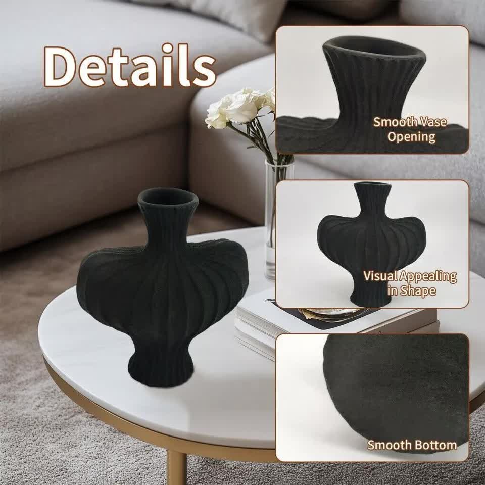 P&P Black Nordic Resin Flower Vase with Textured Design, Boho Wabi-Sabi Artistic Decor