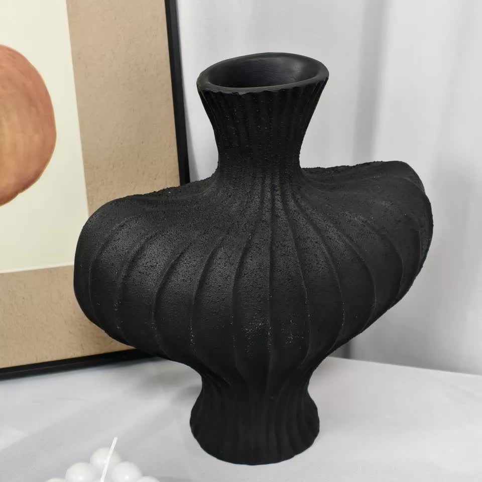 P&P Black Nordic Resin Flower Vase with Textured Design, Boho Wabi-Sabi Artistic Decor
