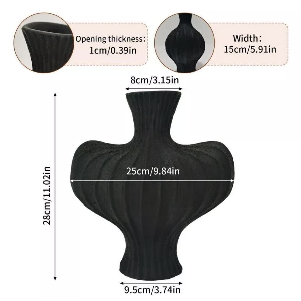P&P Black Nordic Resin Flower Vase with Textured Design, Boho Wabi-Sabi Artistic Decor