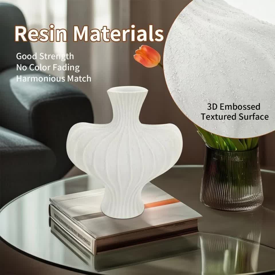 P&P White Nordic Resin Flower Vase with Boho Wabi-Sabi Textured Artistic Design