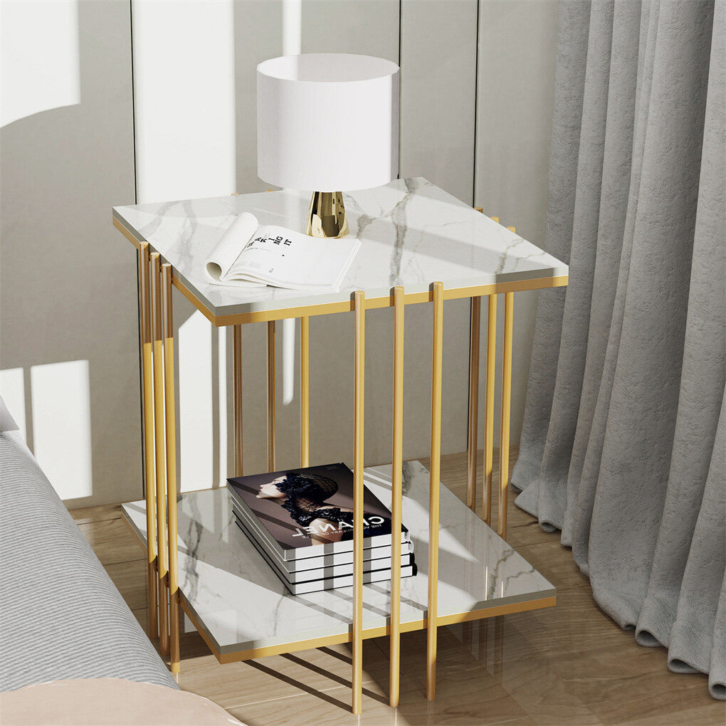 Two-Tier Sintered Stone Bedside & End Table – White