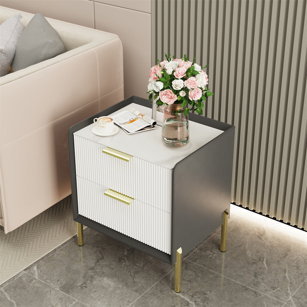 Two-Drawer Sintered Stone Bedside Table with Leather-Look Sides