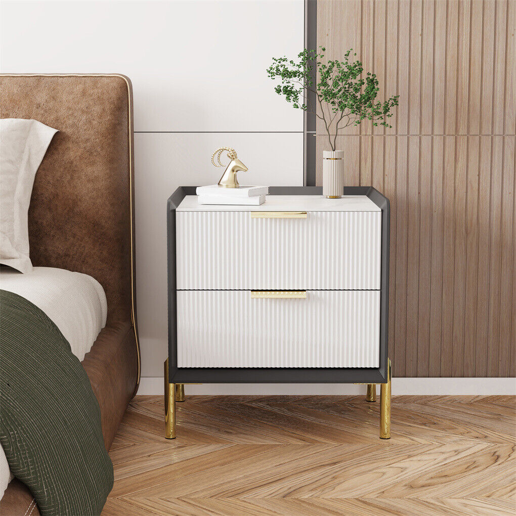 Two-Drawer Sintered Stone Bedside Table with Leather-Look Sides