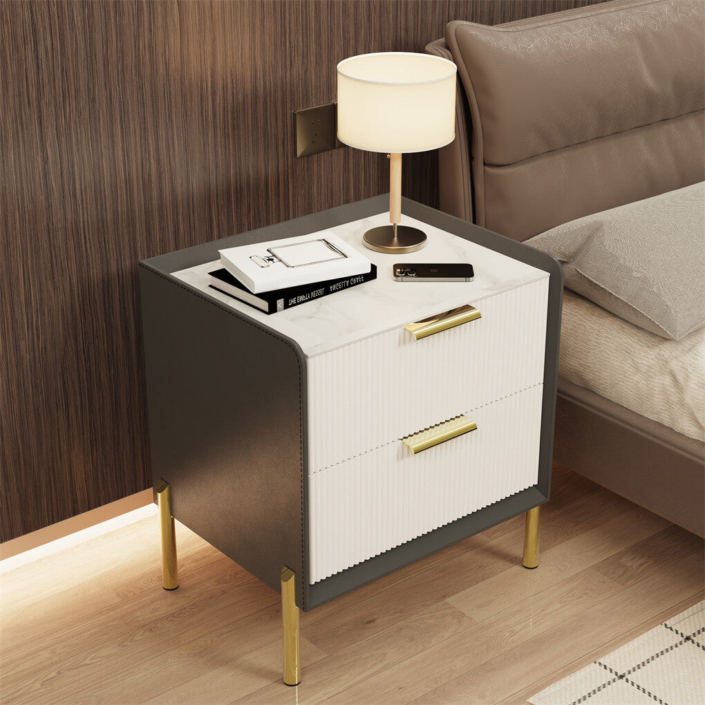 Two-Drawer Sintered Stone Bedside Table with Leather-Look Sides