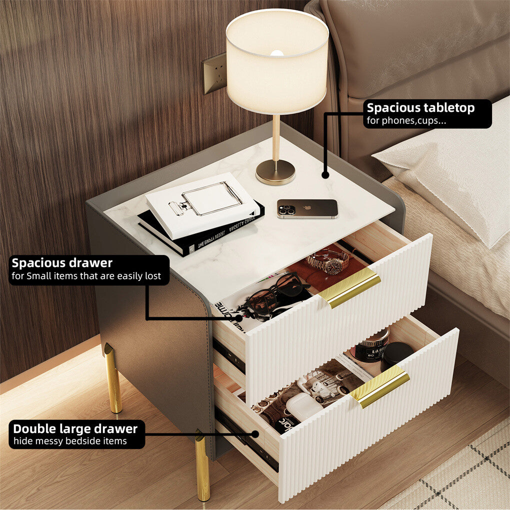 Two-Drawer Sintered Stone Bedside Table with Leather-Look Sides