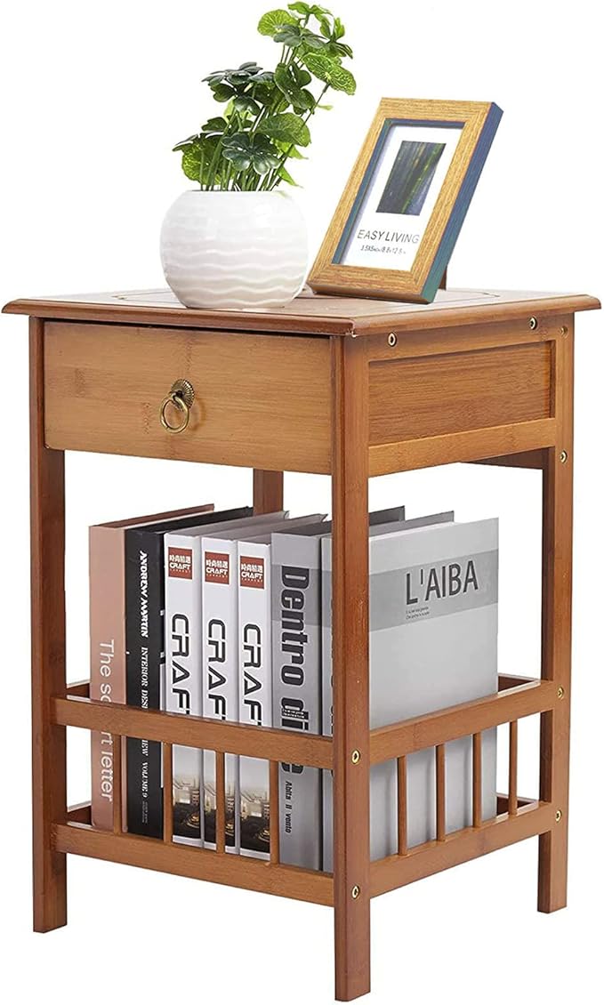 Bamboo Bedside Side Table with Drawer – Light Brown
