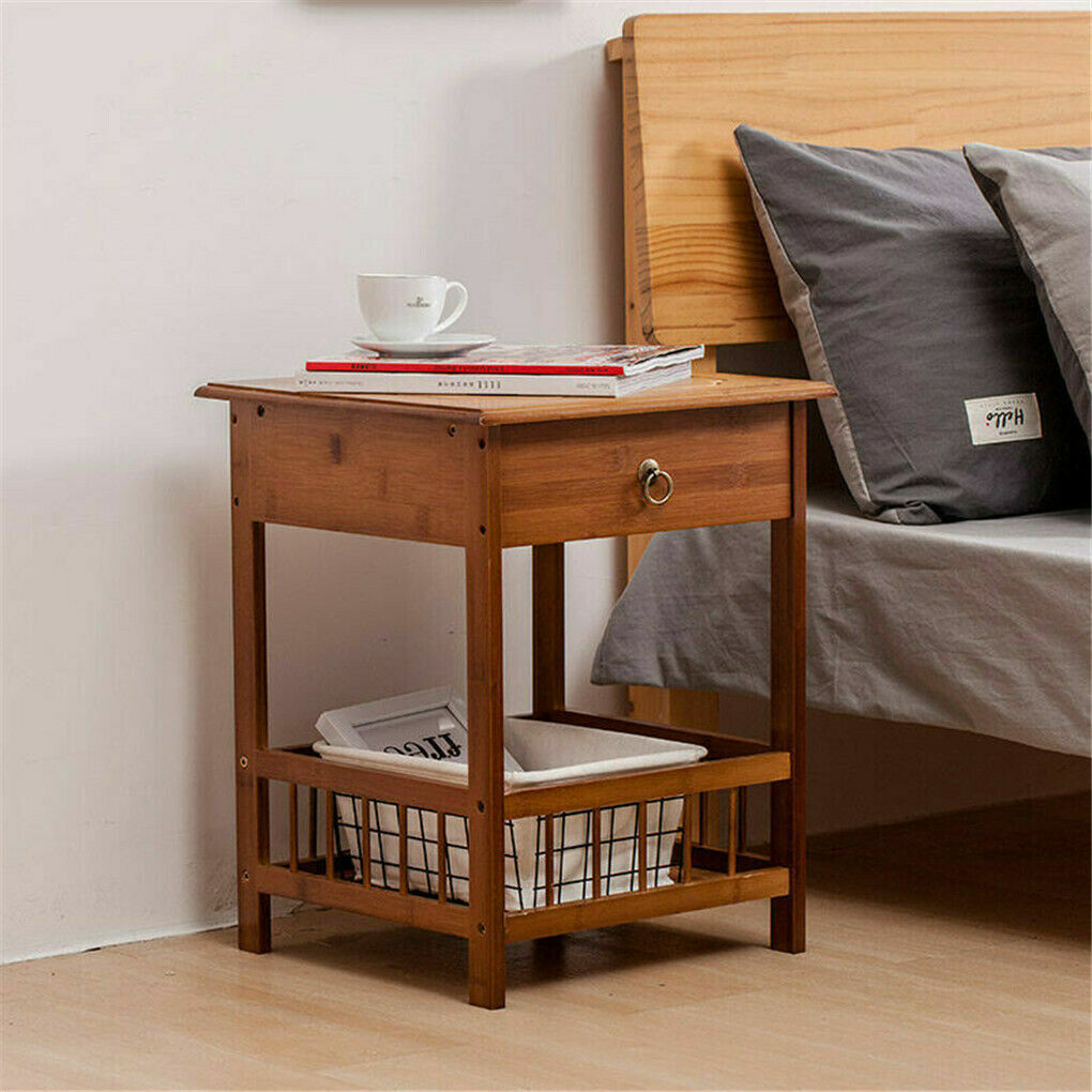 Bamboo Bedside Side Table with Drawer – Light Brown