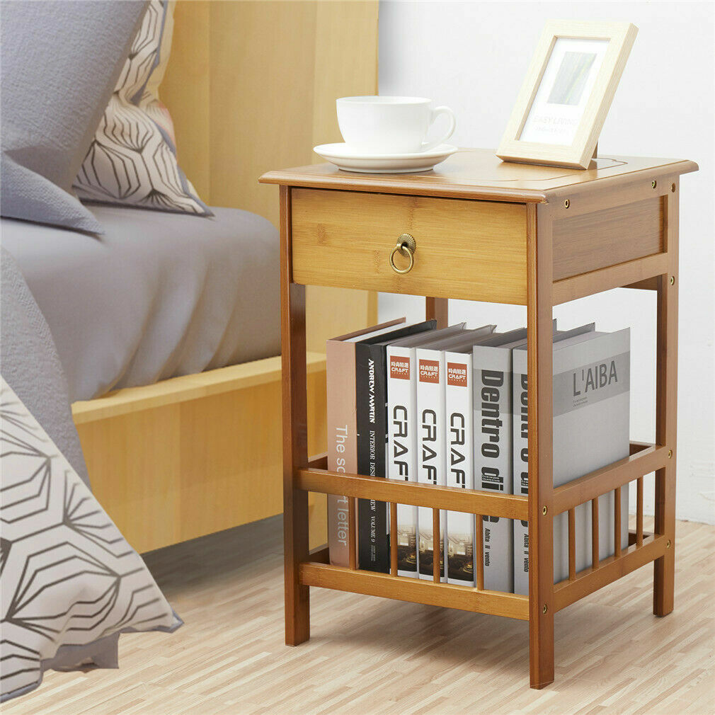 Bamboo Bedside Side Table with Drawer – Light Brown