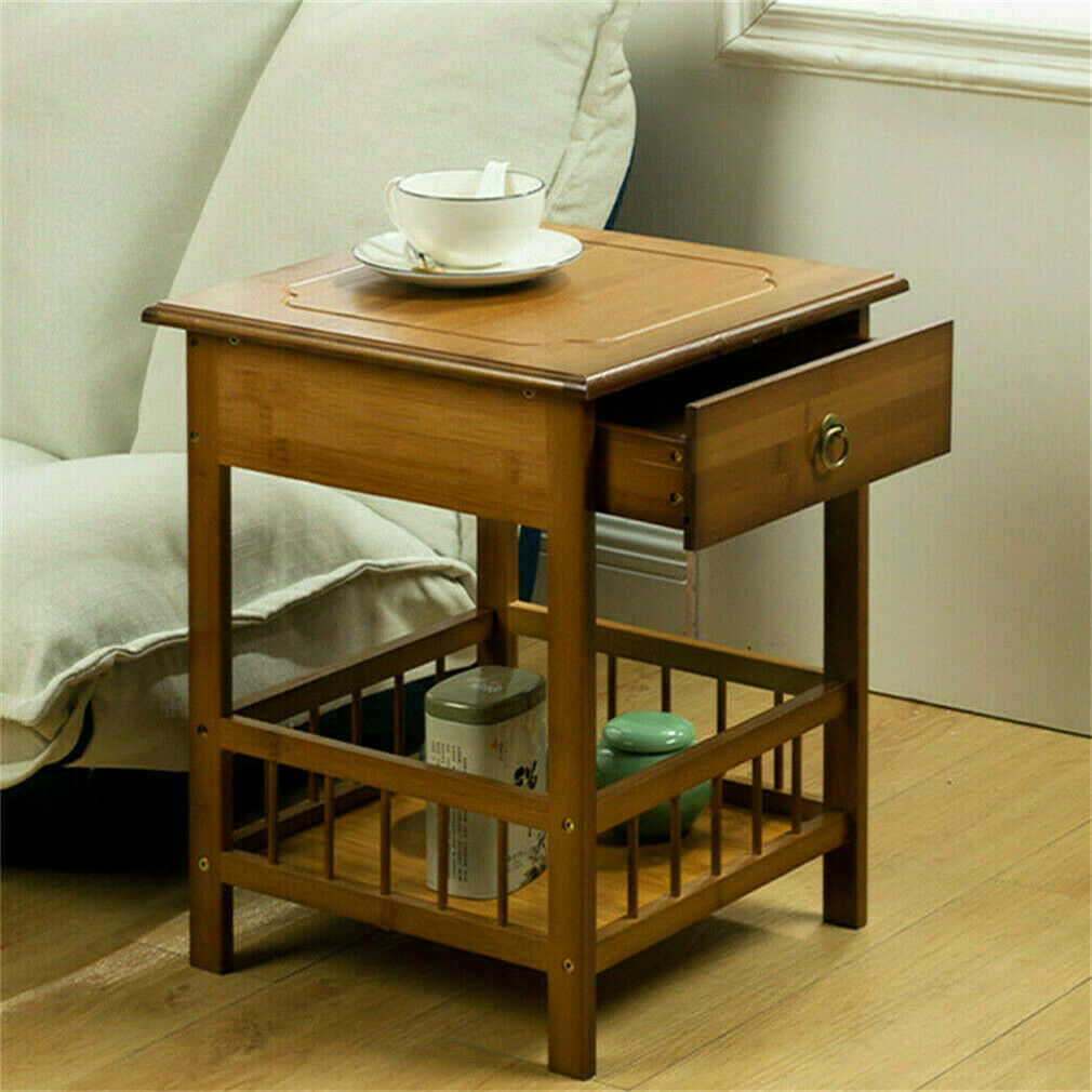 Bamboo Bedside Side Table with Drawer – Light Brown