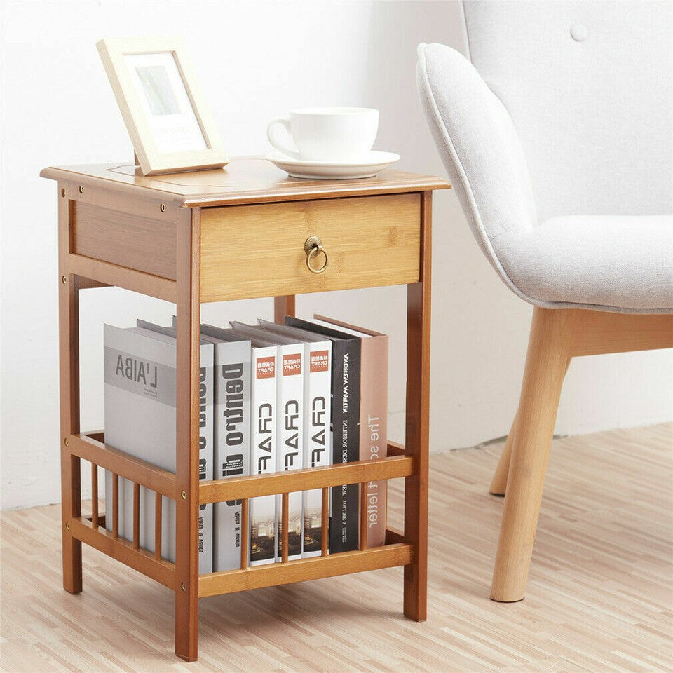 Bamboo Bedside Side Table with Drawer – Light Brown