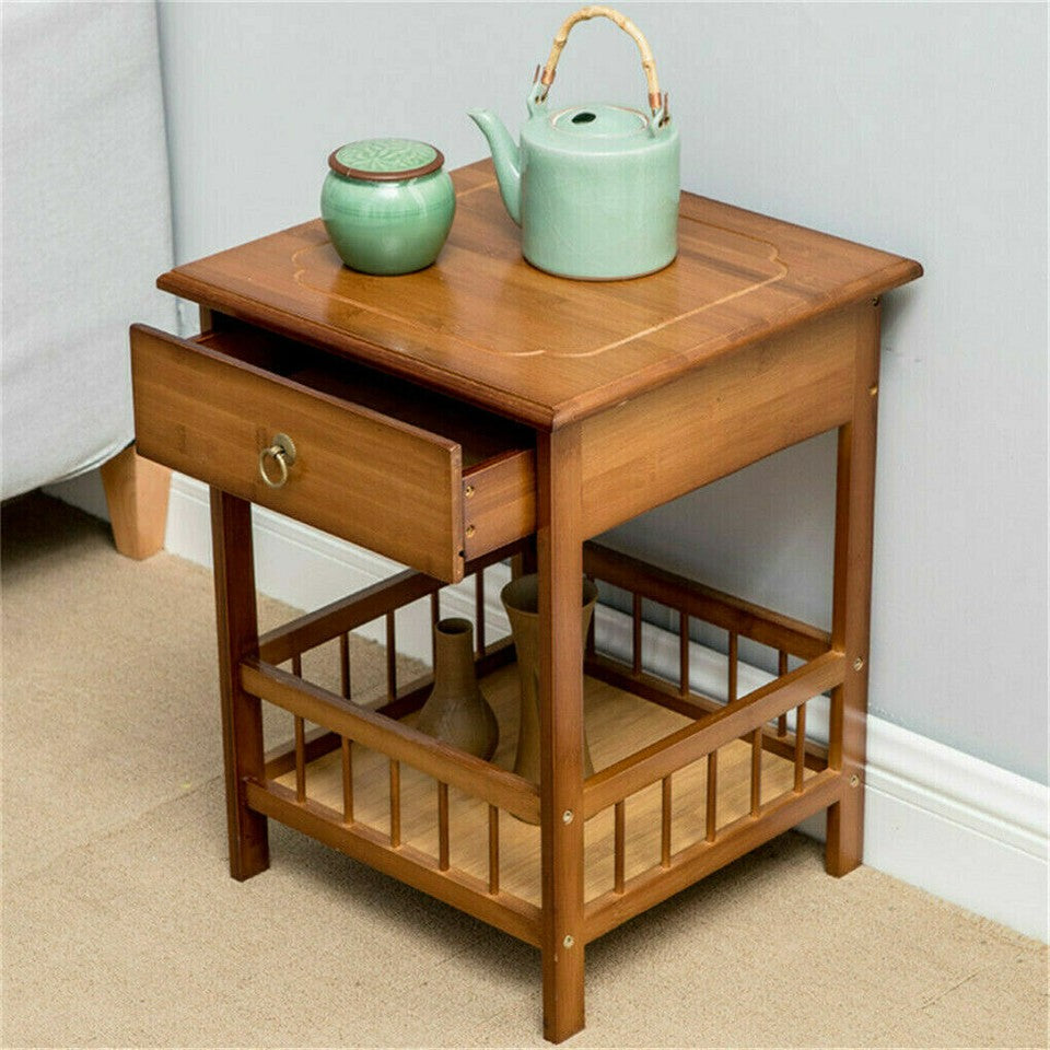 Bamboo Bedside Side Table with Drawer – Light Brown