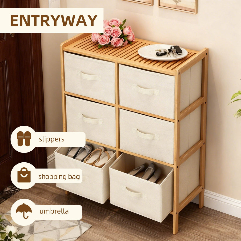 Bamboo Storage Chest with 6 Fabric Drawers – Natural and Beige