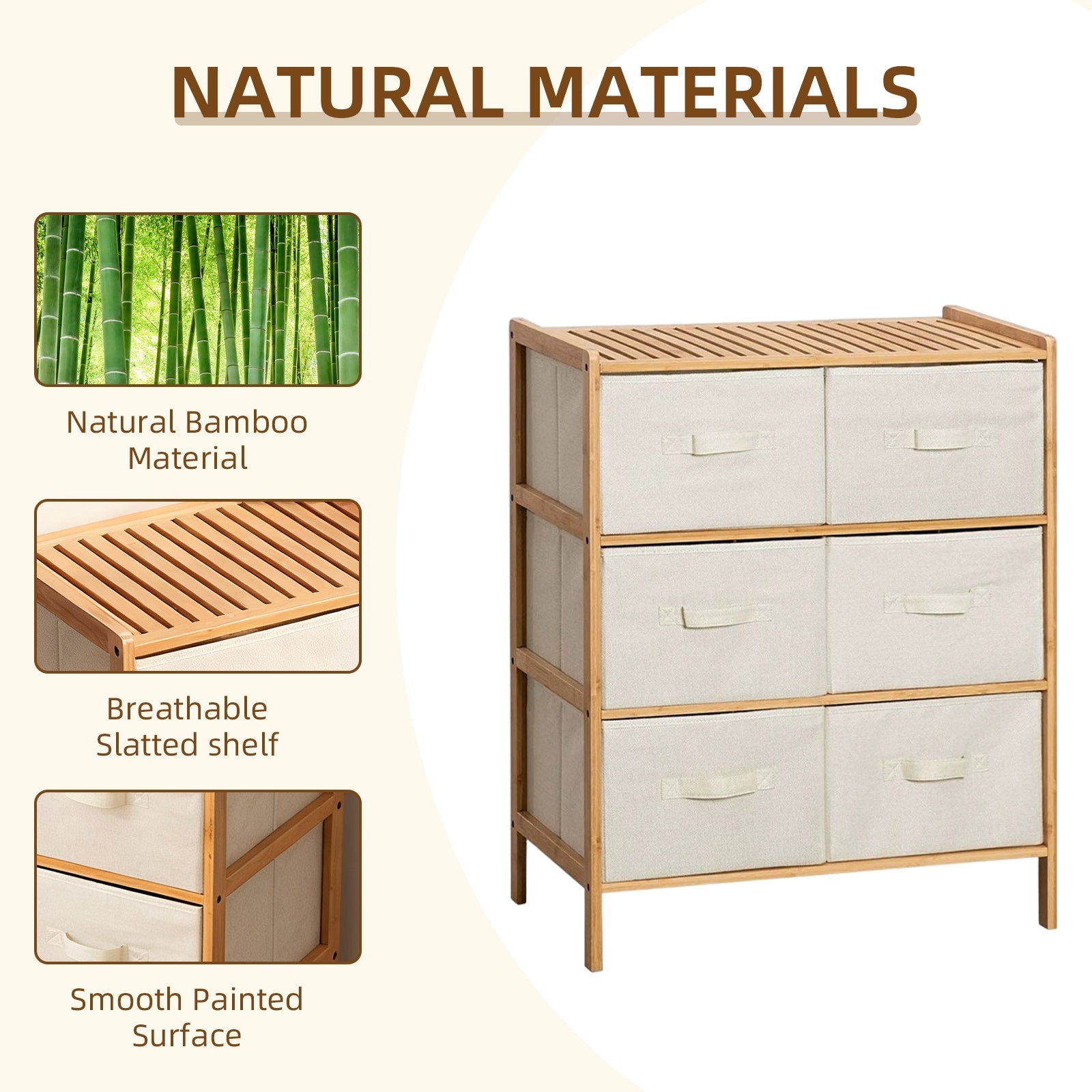 Bamboo Storage Chest with 6 Fabric Drawers – Natural and Beige