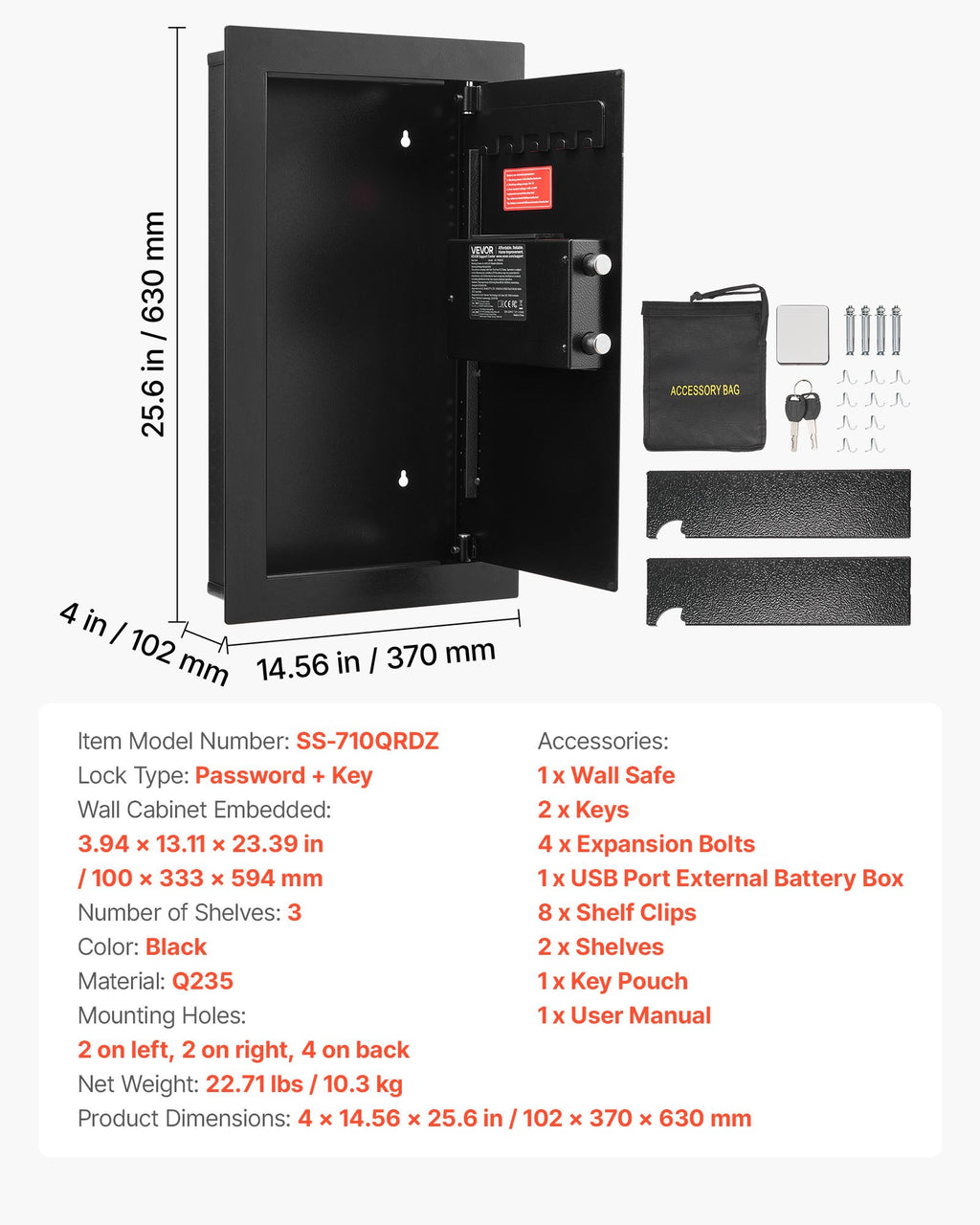 Wall Safe, 3-Tier Hidden Wall Mounted Safe with Password & Key, Q235 Cold-Rolled Steel In-Wall Box with LED Lighting, 2 Adjustable Shelves & 5 Key Holders for Money, Jewelry, Passport, Black