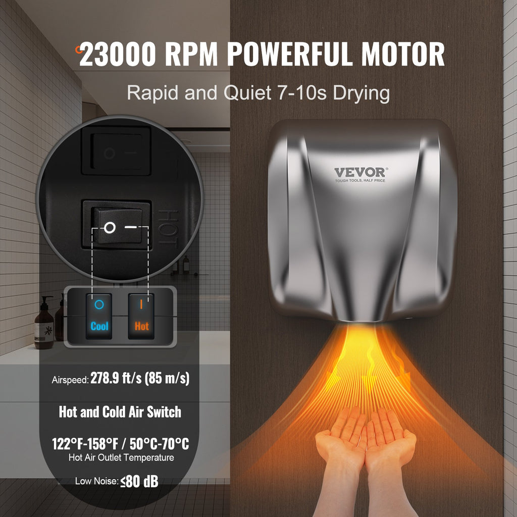 Heavy Duty Commercial Hand Dryer, 1800W Automatic High Speed Stainless Steel Warm Wind Hand Blower, 220V-240V Plug In/Hardwired Two Power Options, Compliant for Industry Business Restrooms