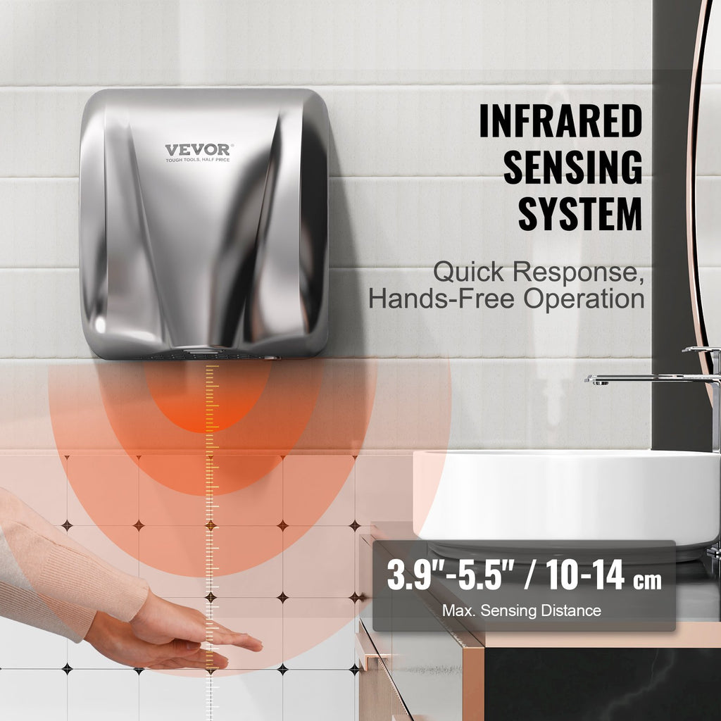 Heavy Duty Commercial Hand Dryer, 1800W Automatic High Speed Stainless Steel Warm Wind Hand Blower, 220V-240V Plug In/Hardwired Two Power Options, Compliant for Industry Business Restrooms