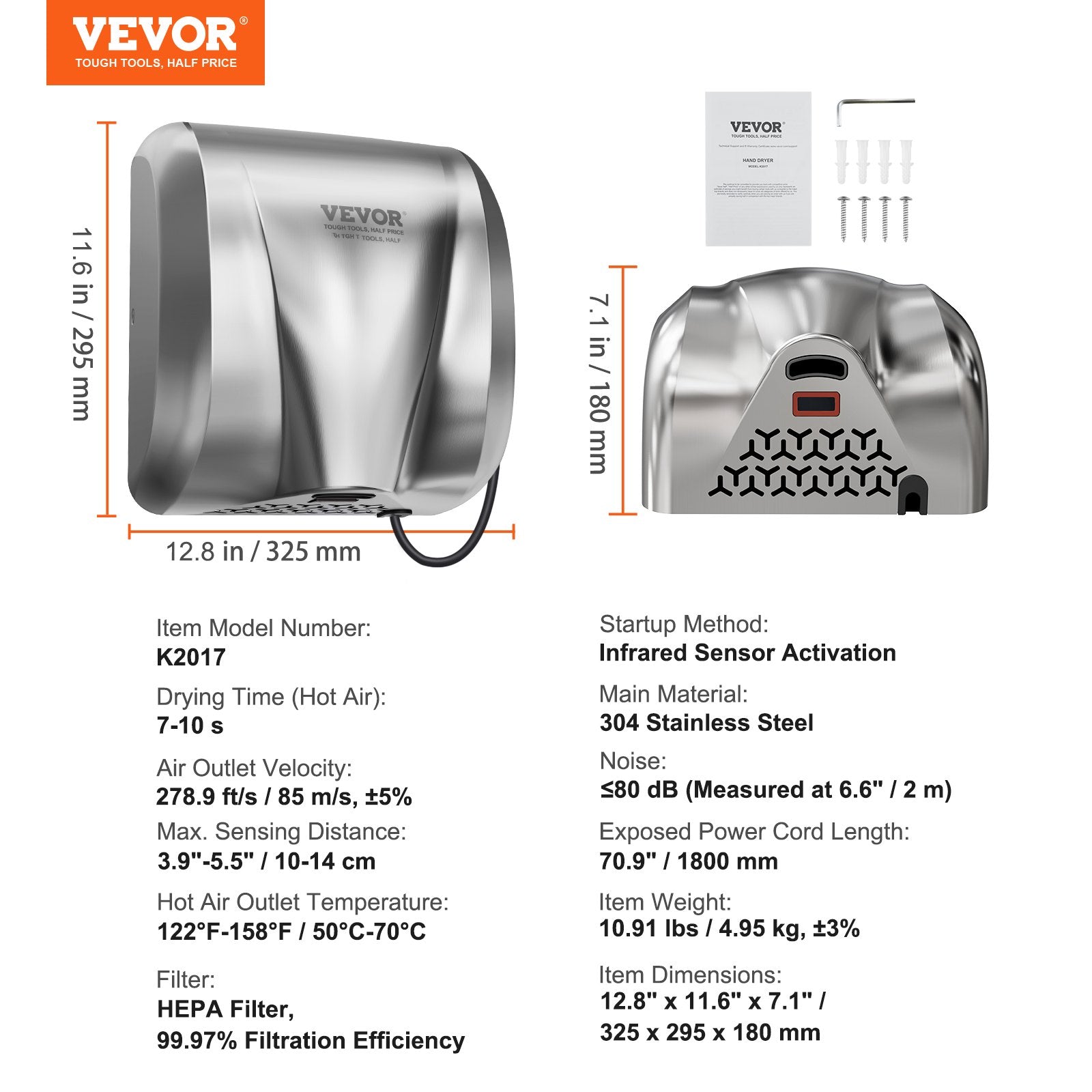 Heavy Duty Commercial Hand Dryer, 1800W Automatic High Speed Stainless Steel Warm Wind Hand Blower, 220V-240V Plug In/Hardwired Two Power Options, Compliant for Industry Business Restrooms