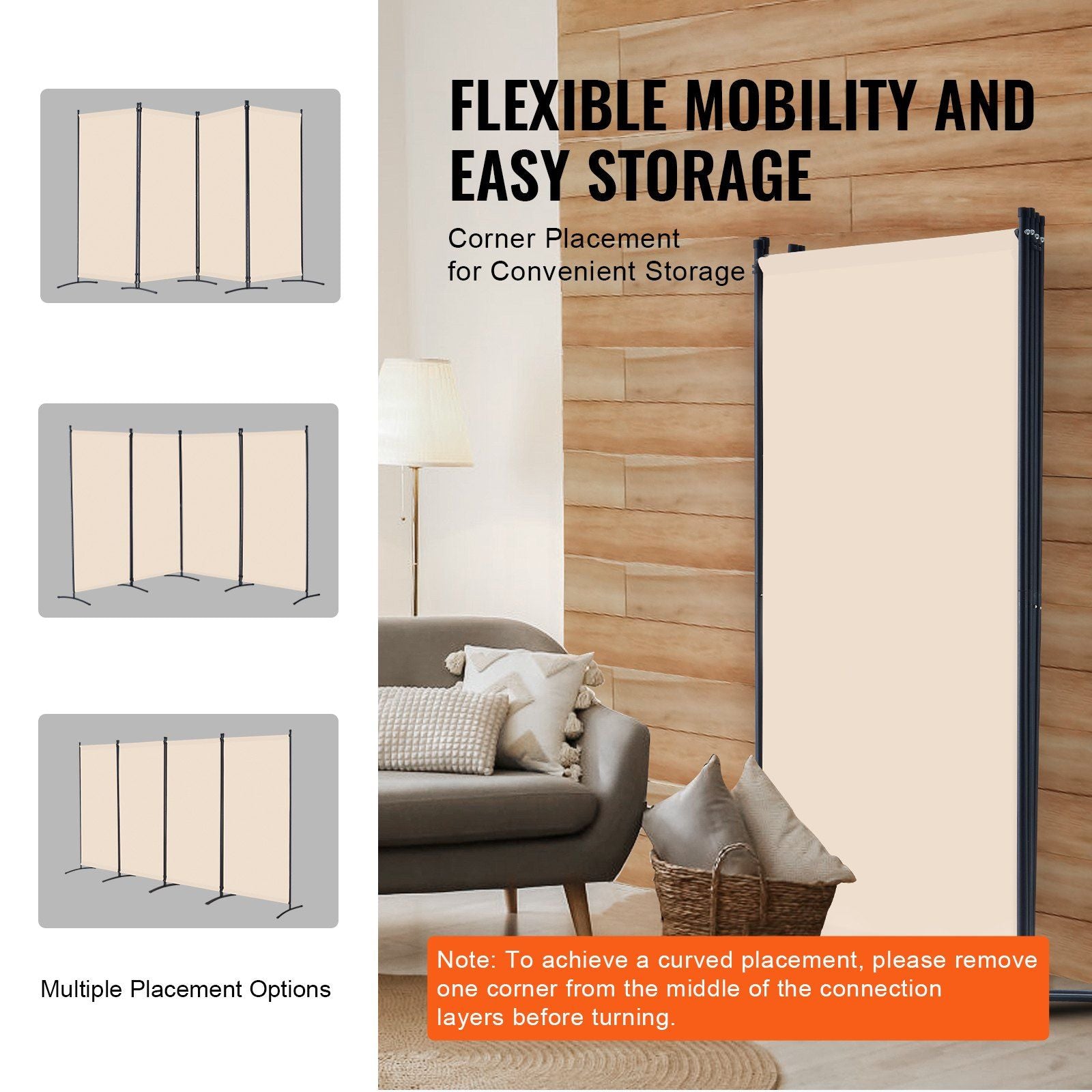 4-Panel Extra-Wide Fabric Room Divider – Beige