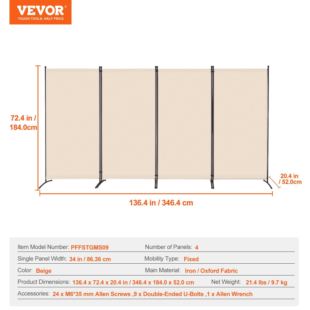4-Panel Extra-Wide Fabric Room Divider – Beige