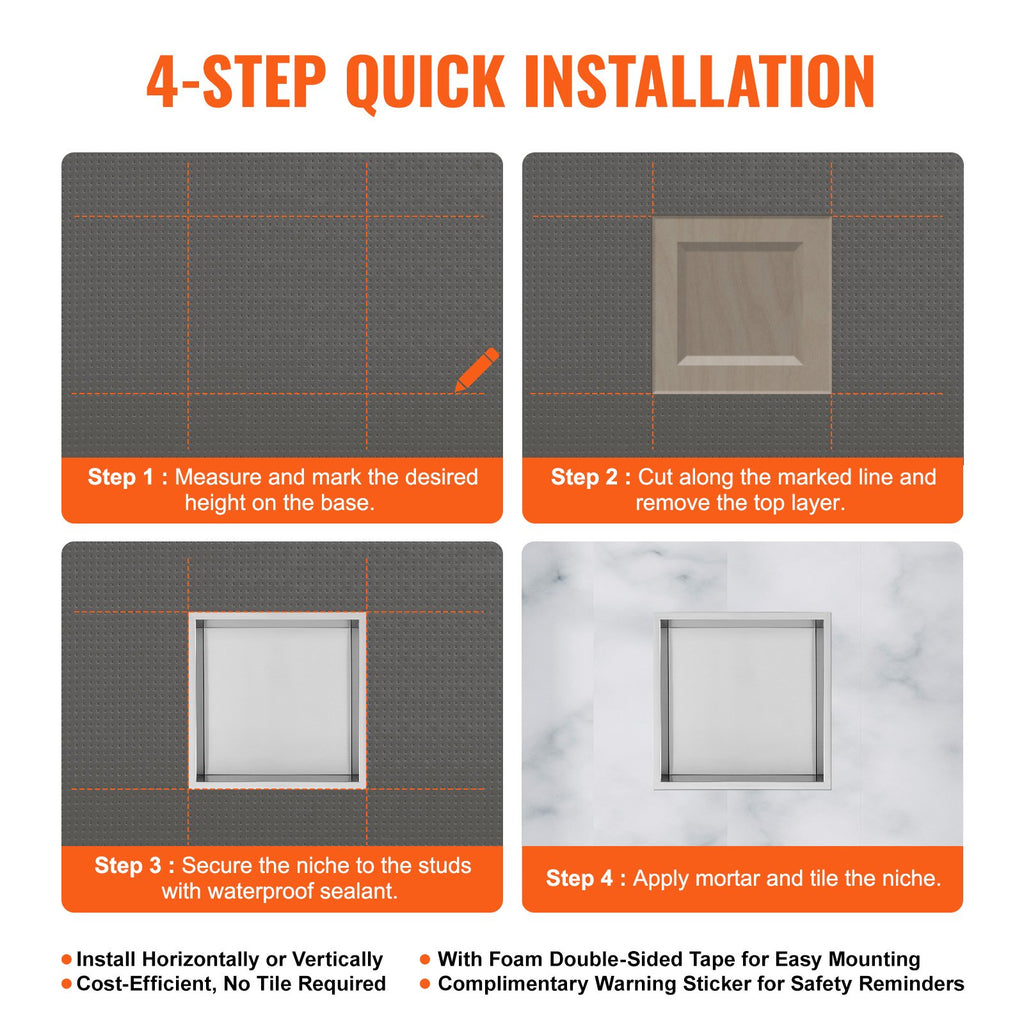 33.02 x 33.02 cm No Tile Shower Niche 304 Stainless Steel, Wall-Inserted Niche Recessed Double Shelves, Sealed Waterproof Rust-Resistant Modern Niche for Shower Bathroom Soap Storage, Silver